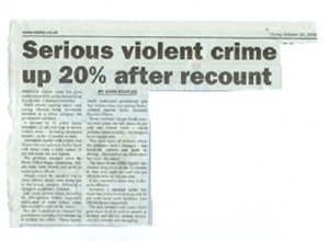 Newspaper Article; serious violent crime up, teenage delinquency has increased